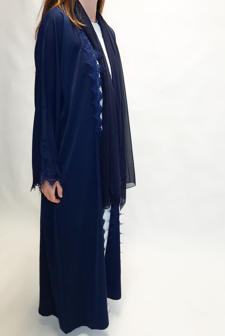 Navy blue lace open abaya set