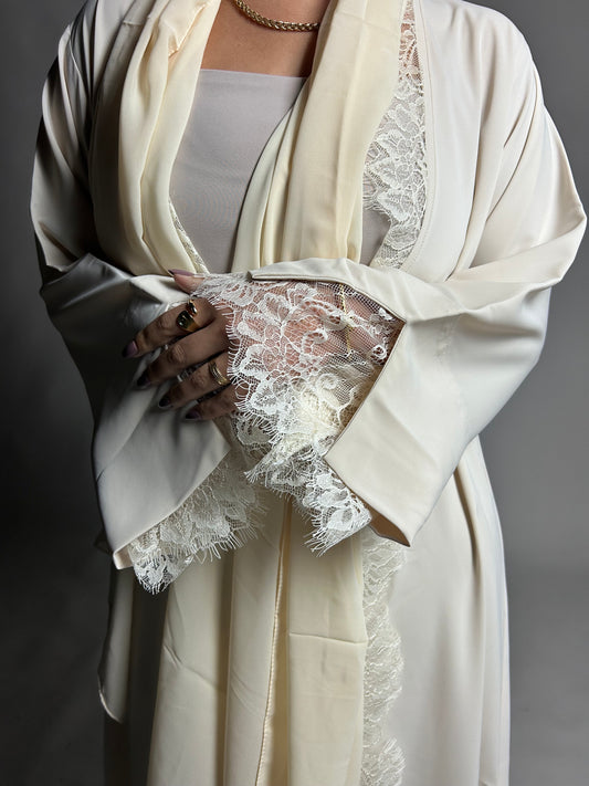 Cream split sleeve abaya with lace