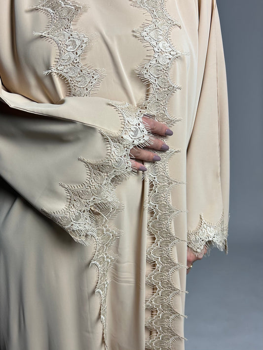 Warm beige lace open abaya set