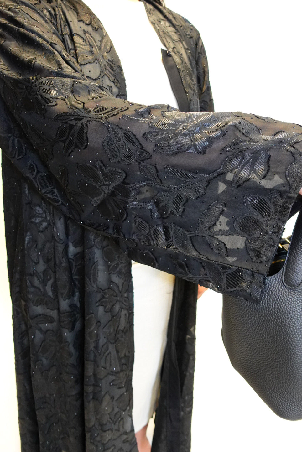 Black floral textured abaya