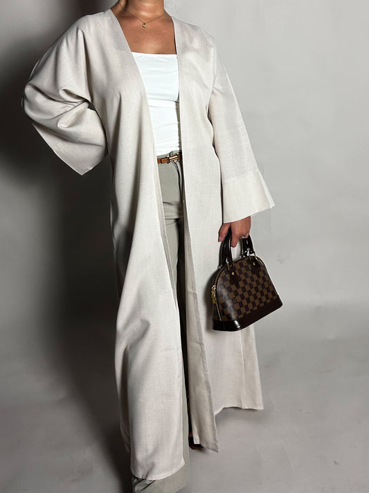 Beige linen blend open abaya