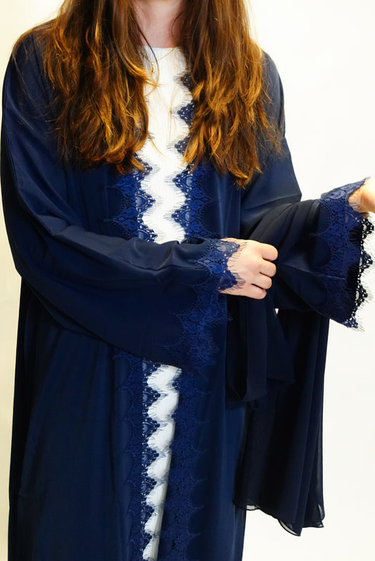 Navy blue lace open abaya set