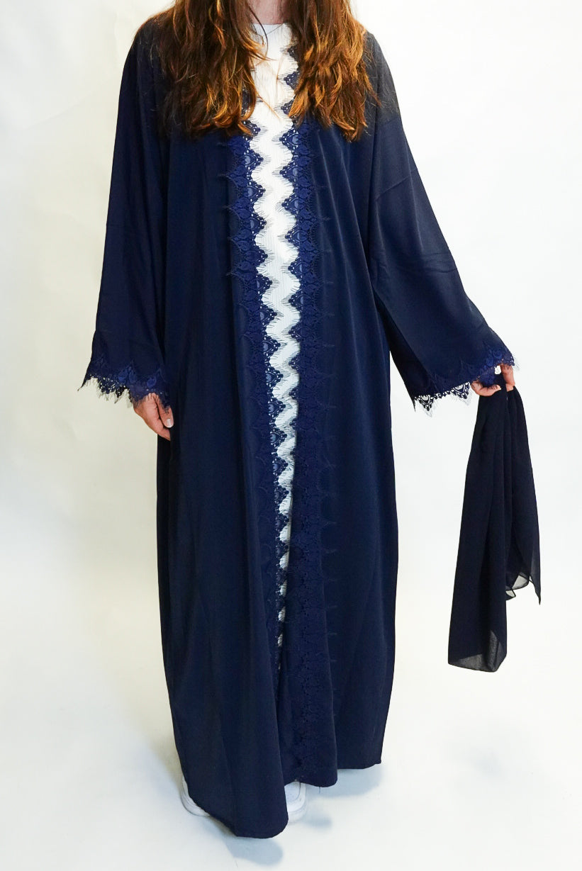 Navy blue lace open abaya set
