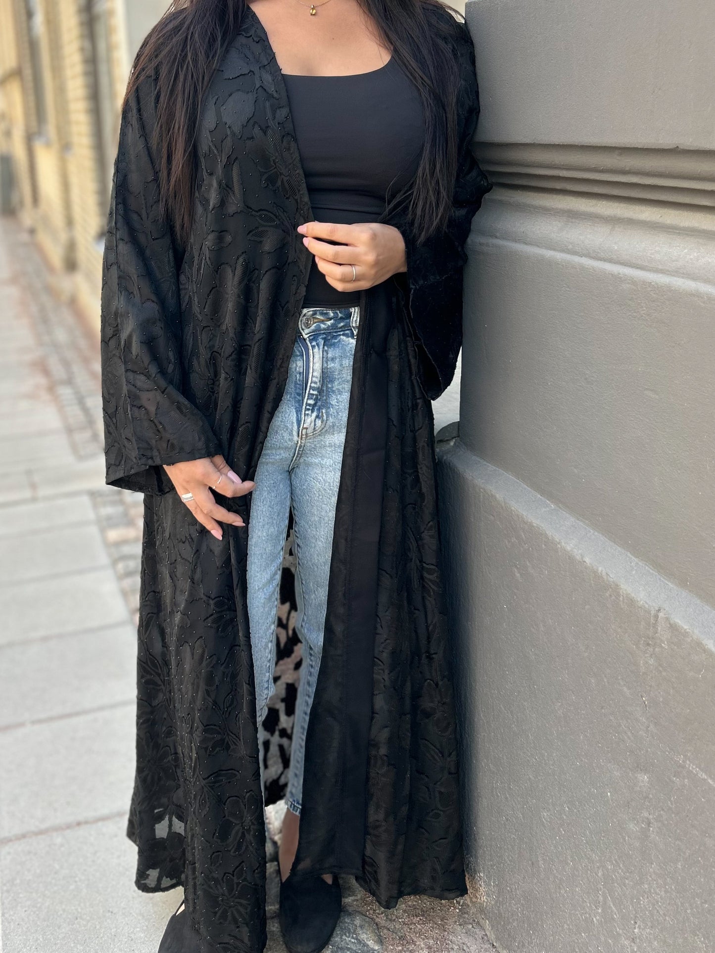 Black floral textured abaya