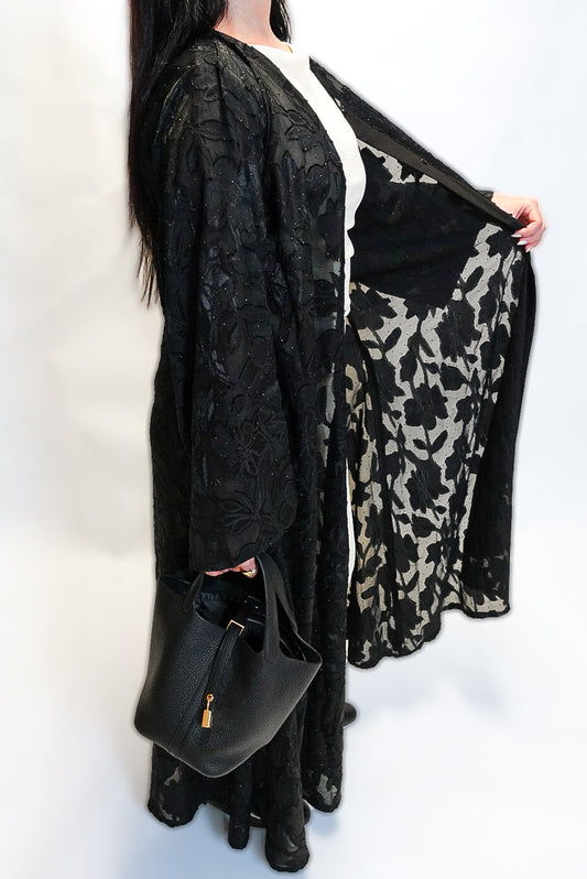 Black floral textured abaya