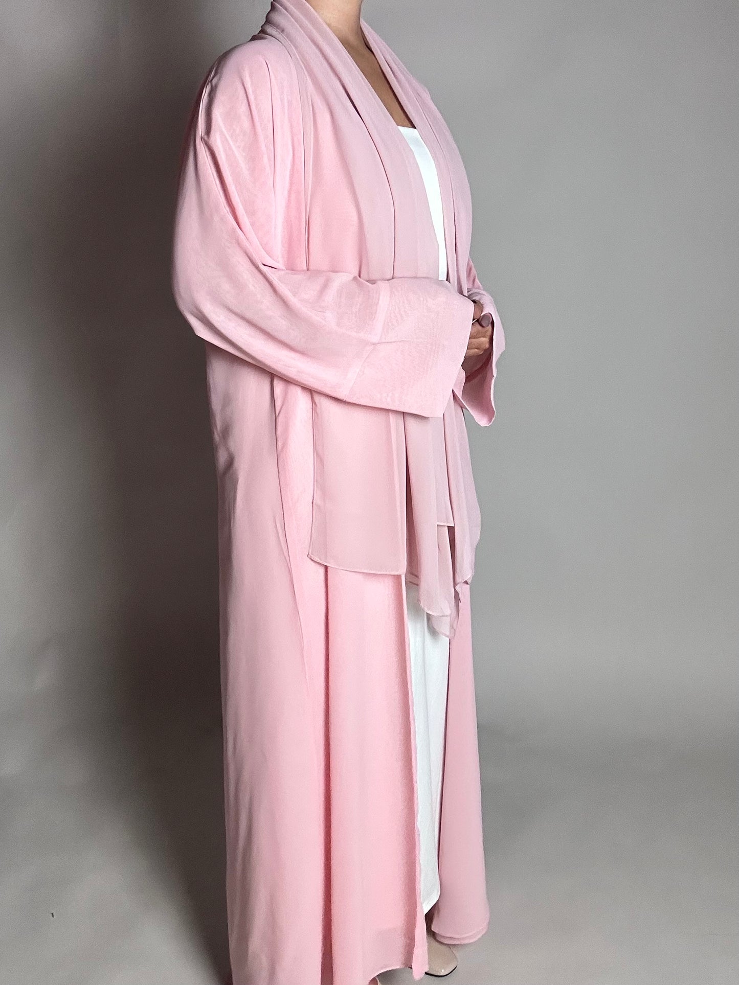 Pastel pink chiffon open abaya