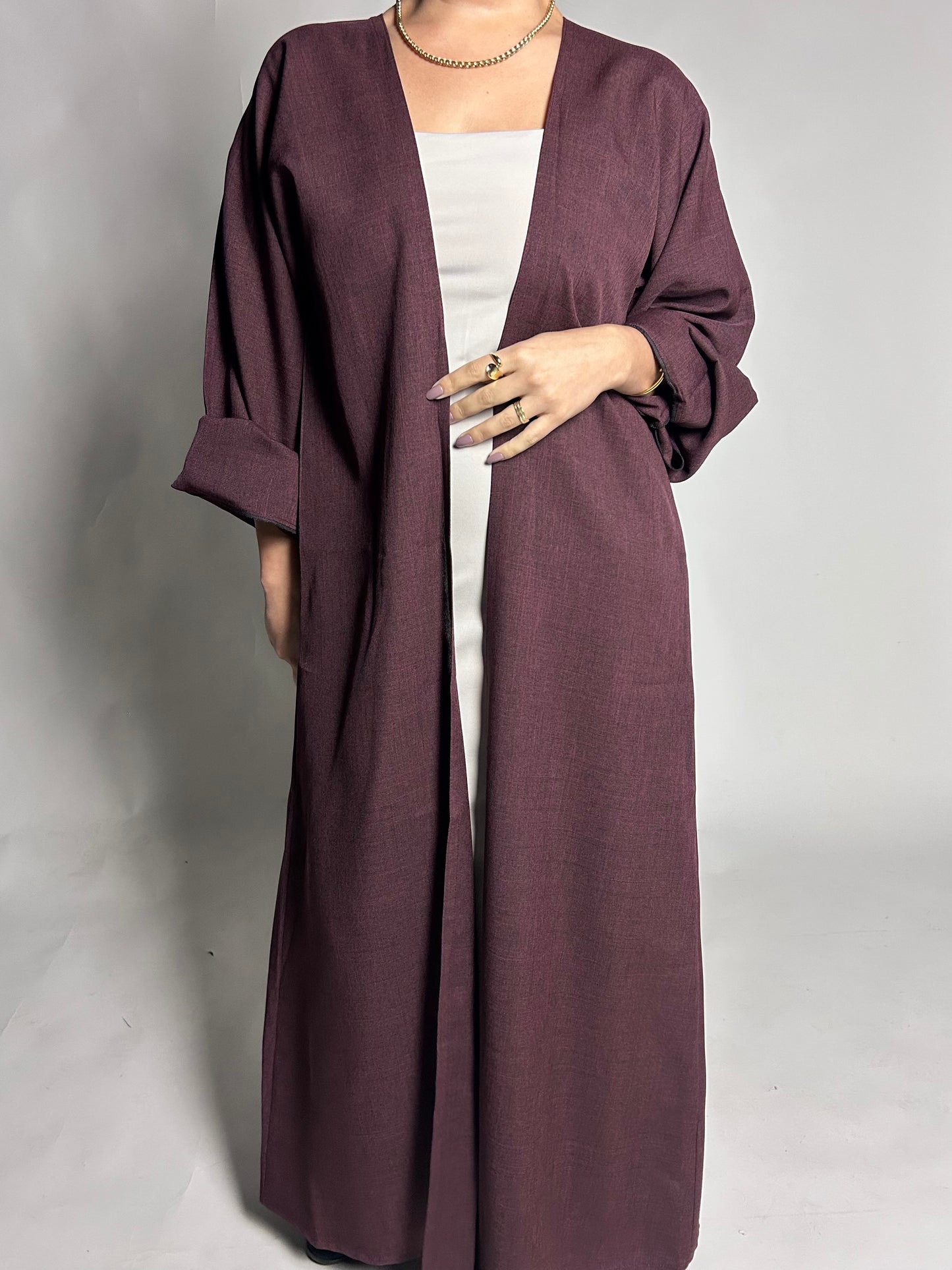 Burgundy linen blend open abaya