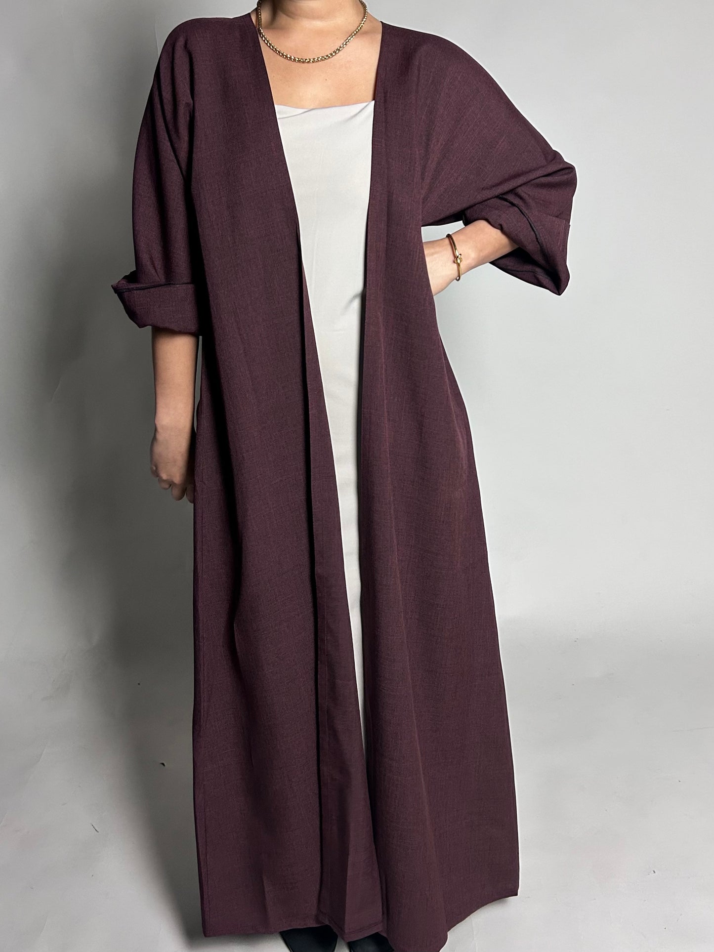 Burgundy linen blend open abaya
