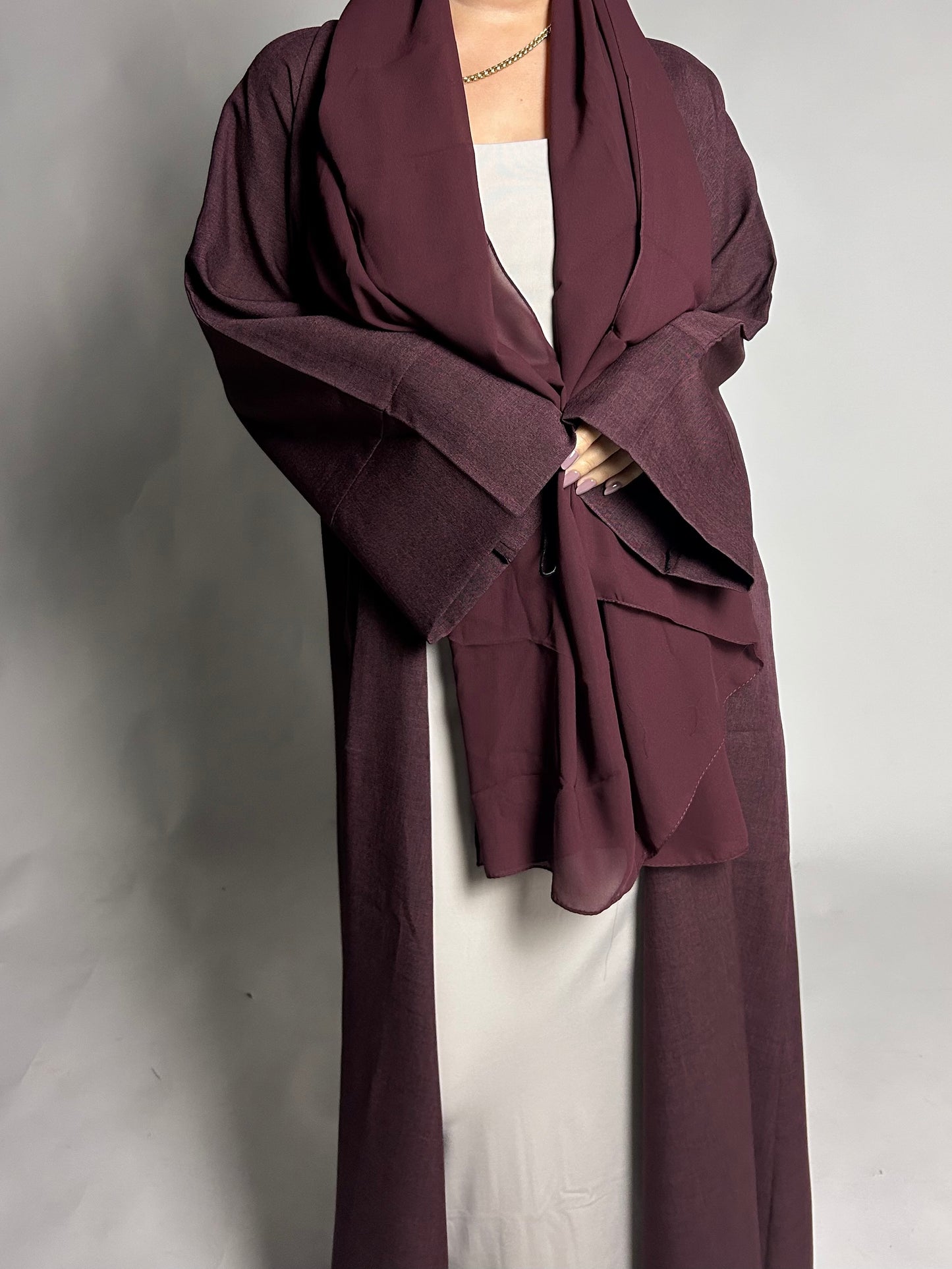 Burgundy linen blend open abaya