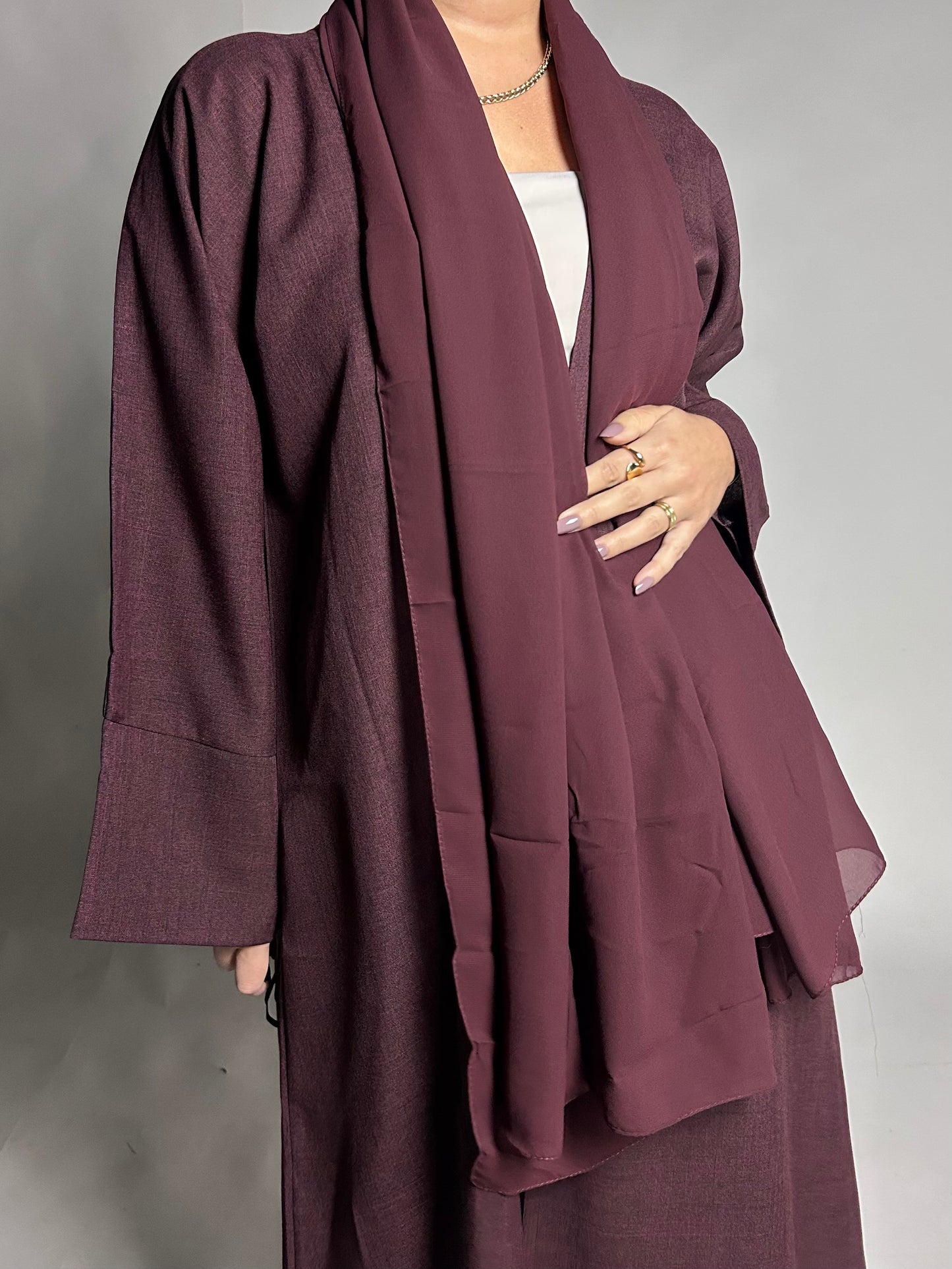 Burgundy linen blend open abaya