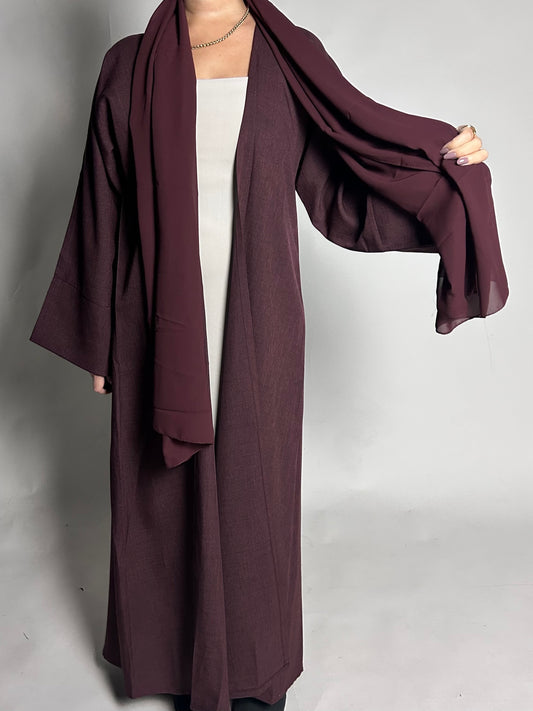 Burgundy linen blend open abaya