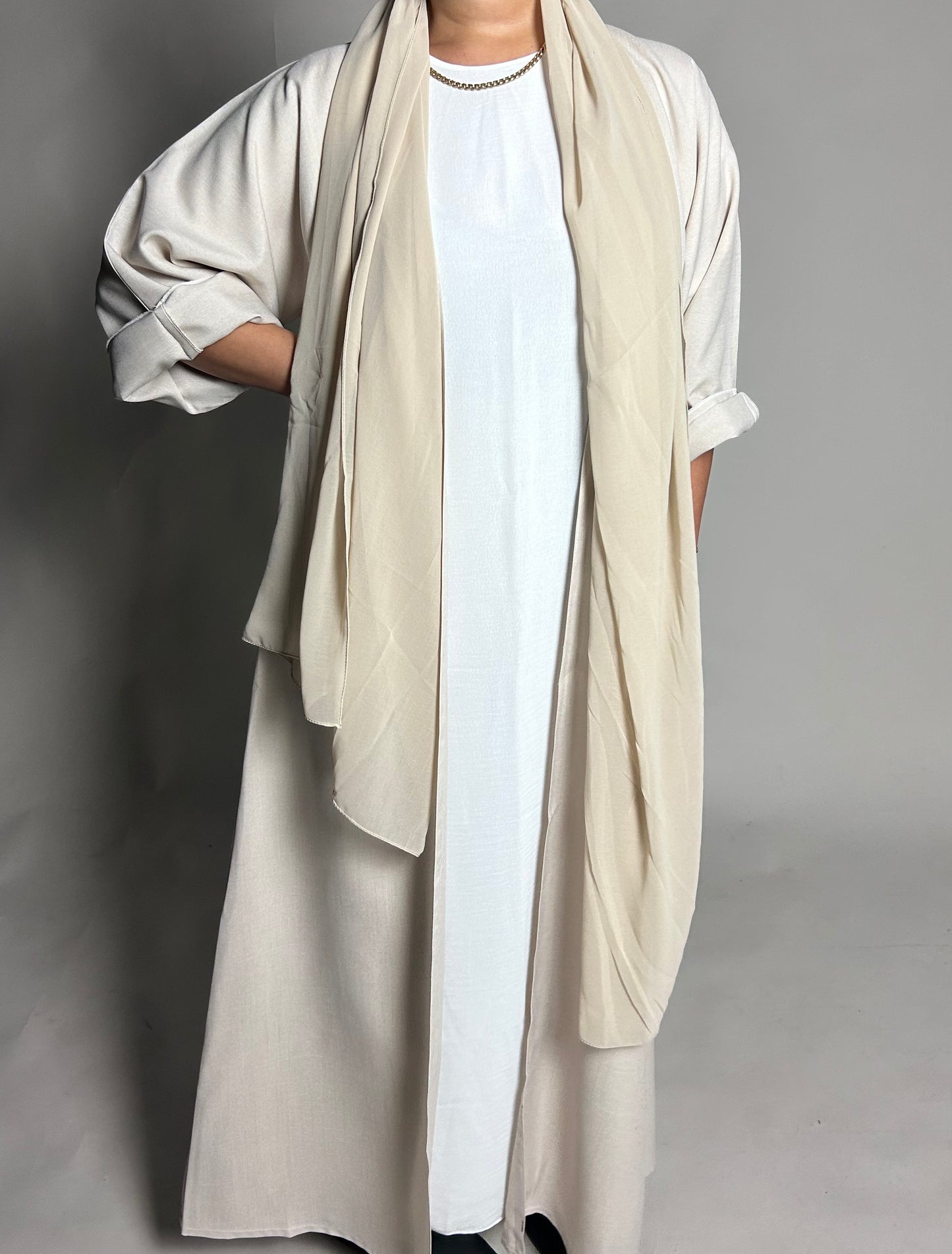 Beige linen blend open abaya