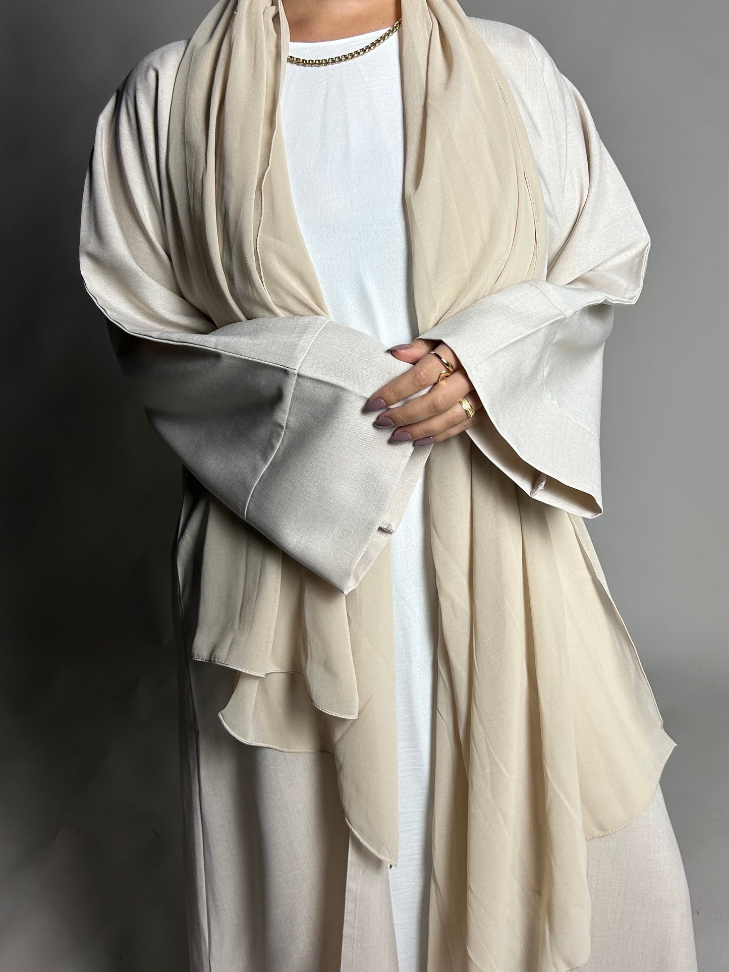 Beige linen blend open abaya