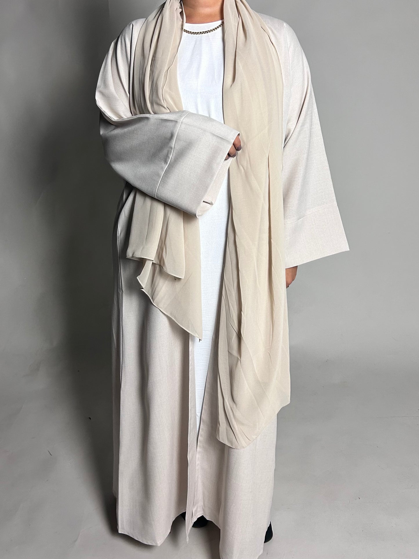Beige linen blend open abaya