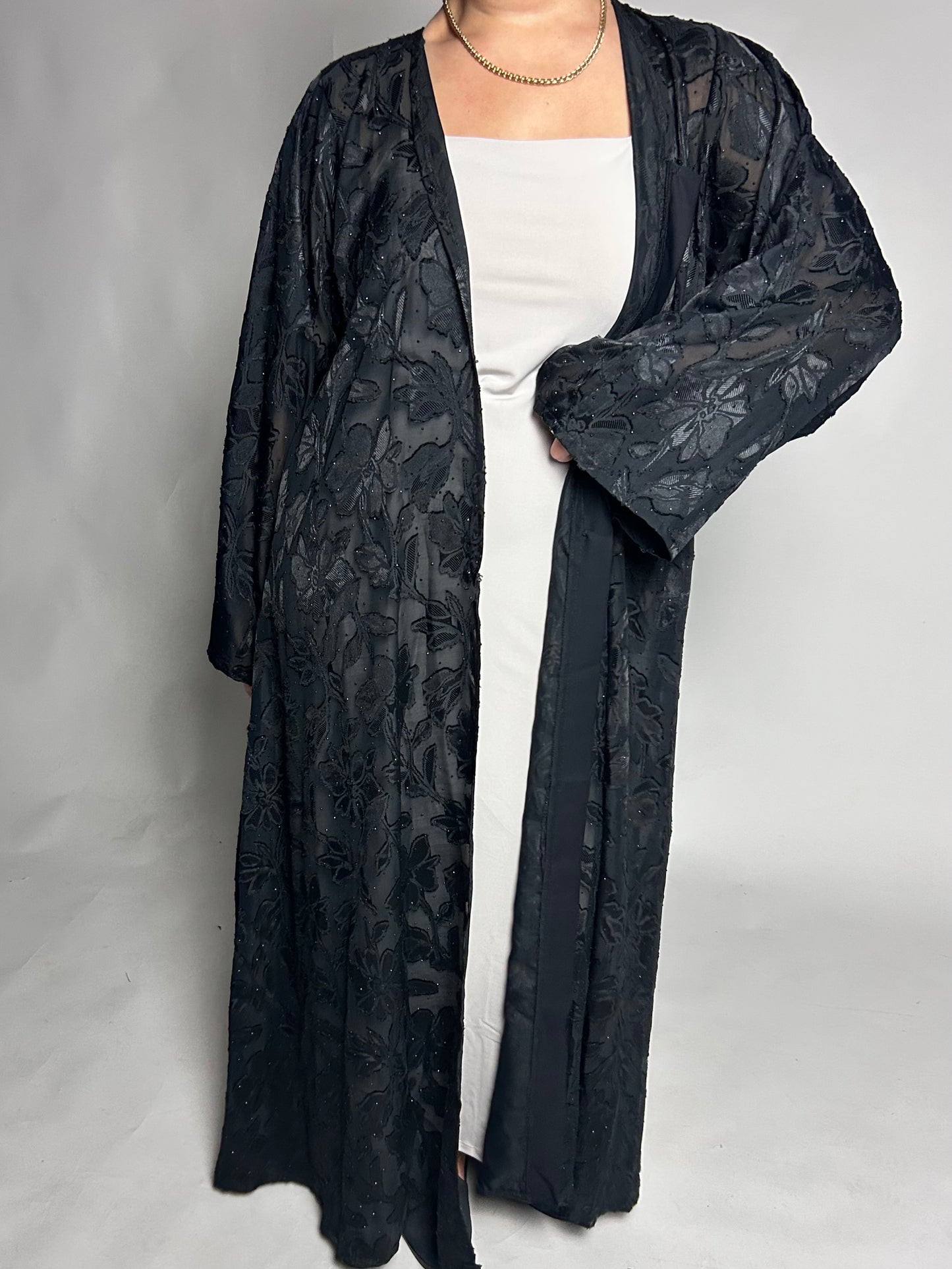 Black floral textured abaya
