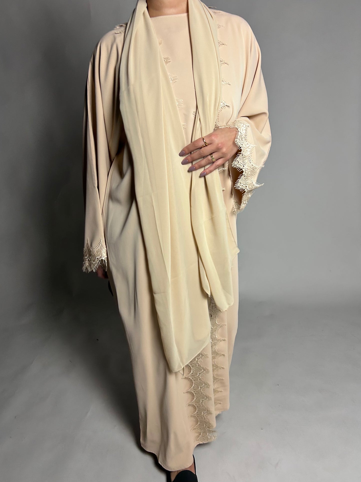 Warm beige lace open abaya set
