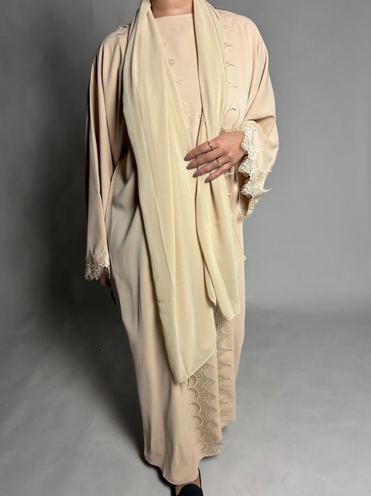 Warm beige lace open abaya set