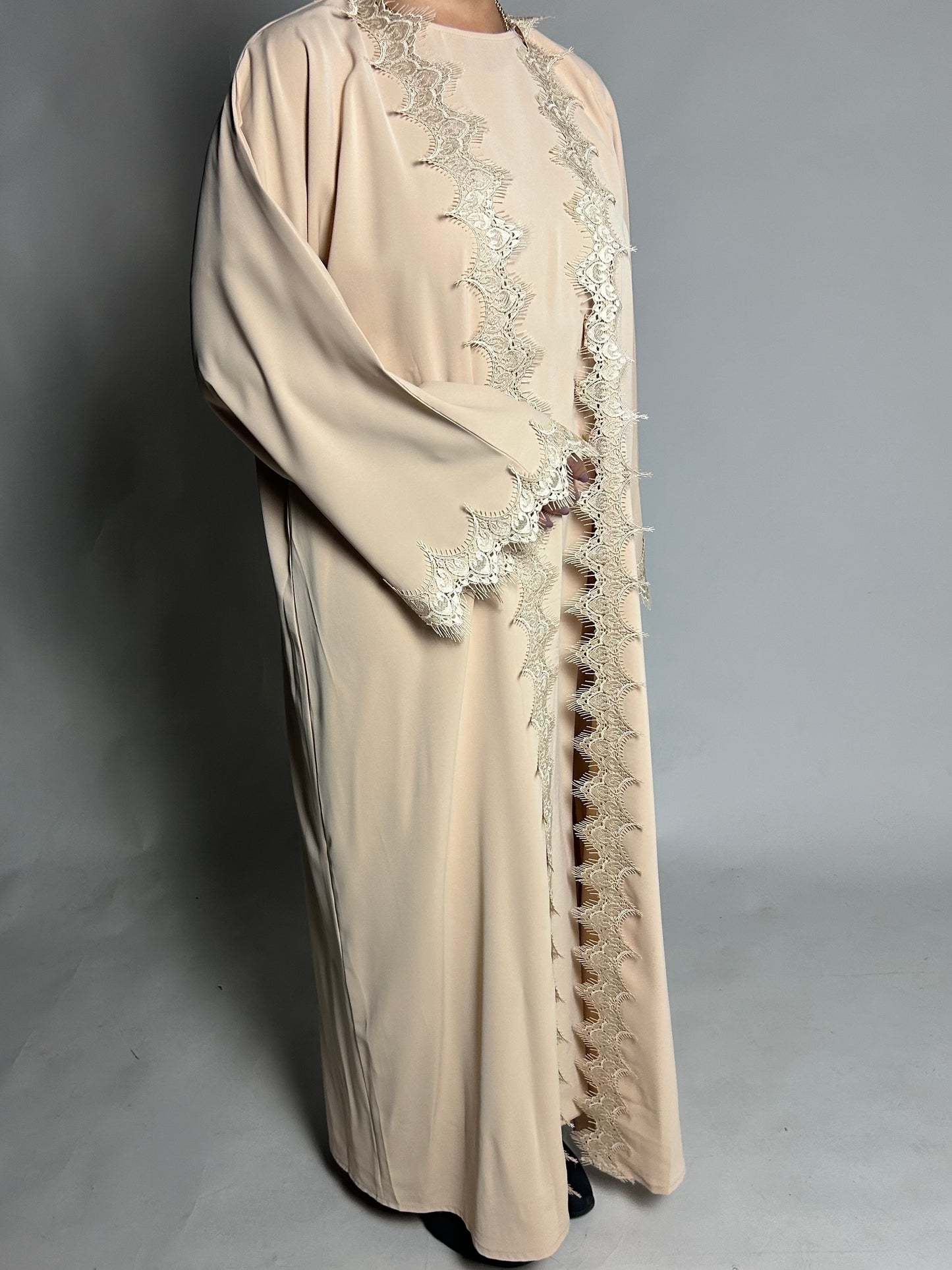 Warm beige lace open abaya set