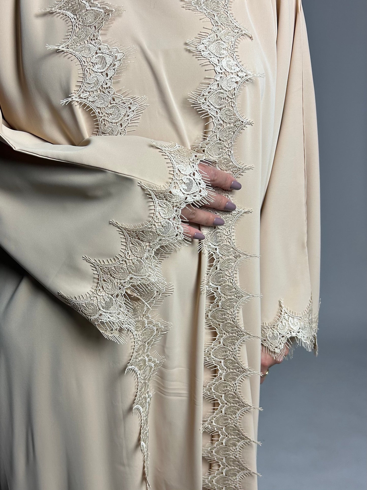 Warm beige lace open abaya set